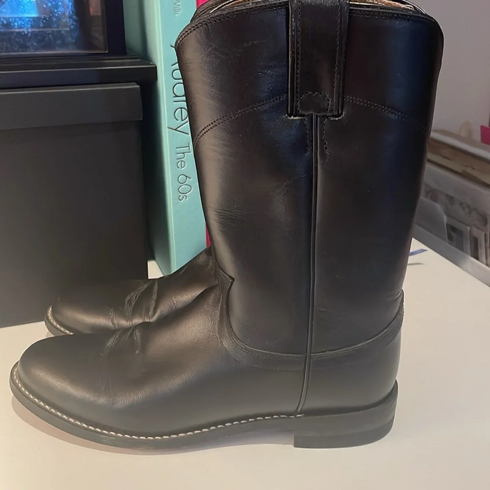 Justin Black Leather Roper Boots - Picture 3 of 5